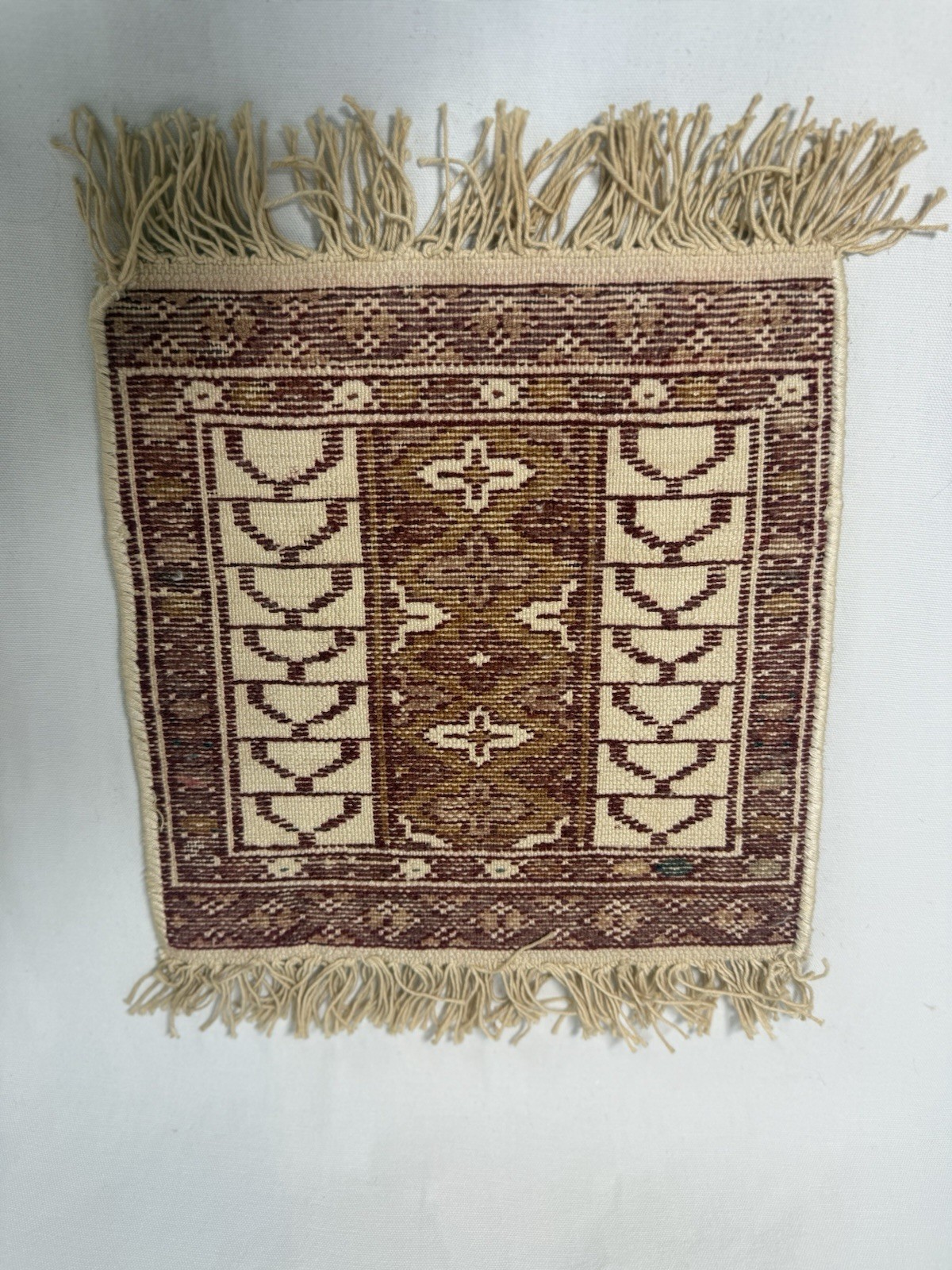 Vintage Hand Knotted Miniature Middle East Wool Rug Tan Burgundy 11.25 x 16 “