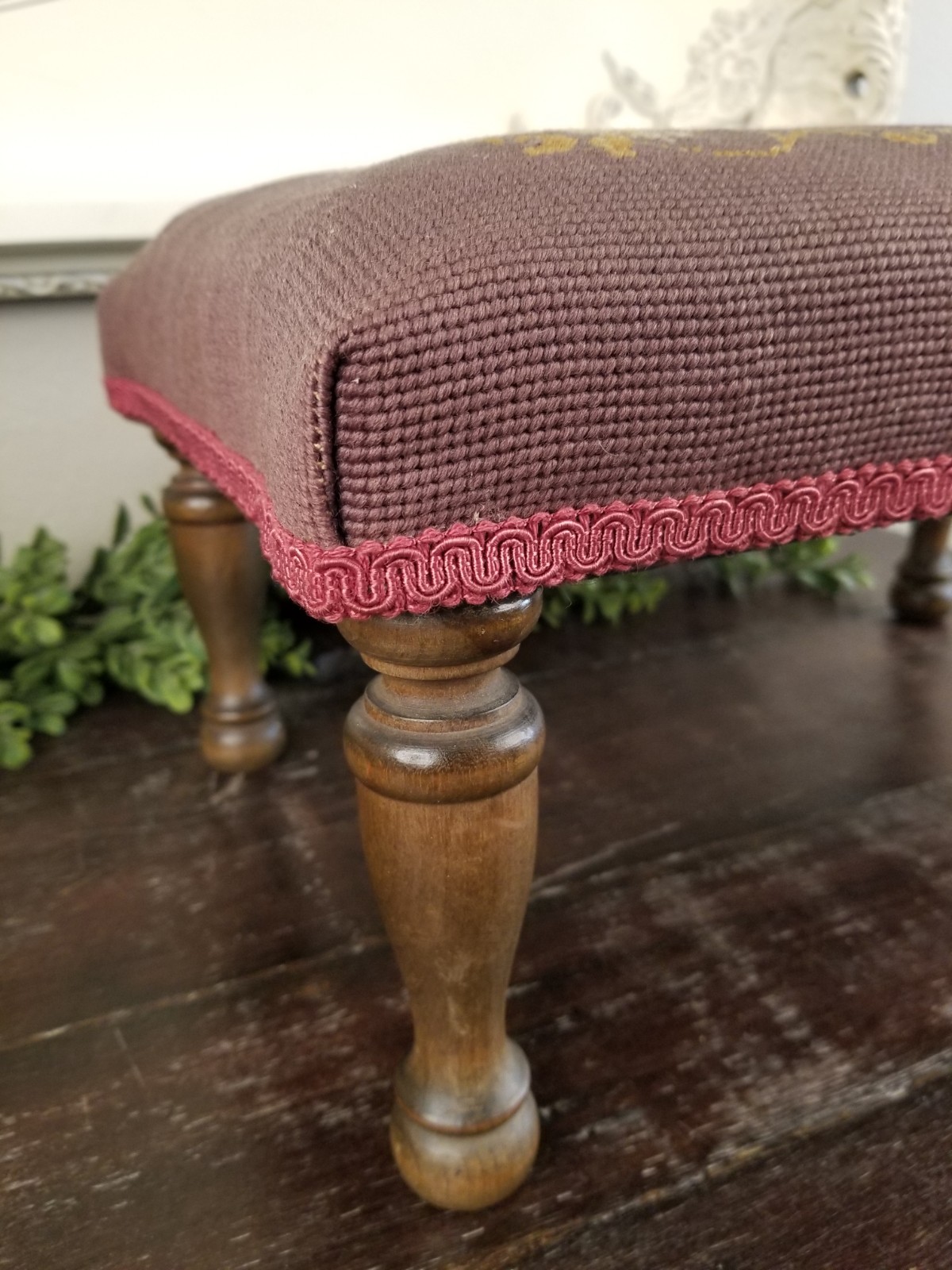 Antique Early 1900’s Floral & Rose Needlepoint Wooden Footstool in Deep Mauve