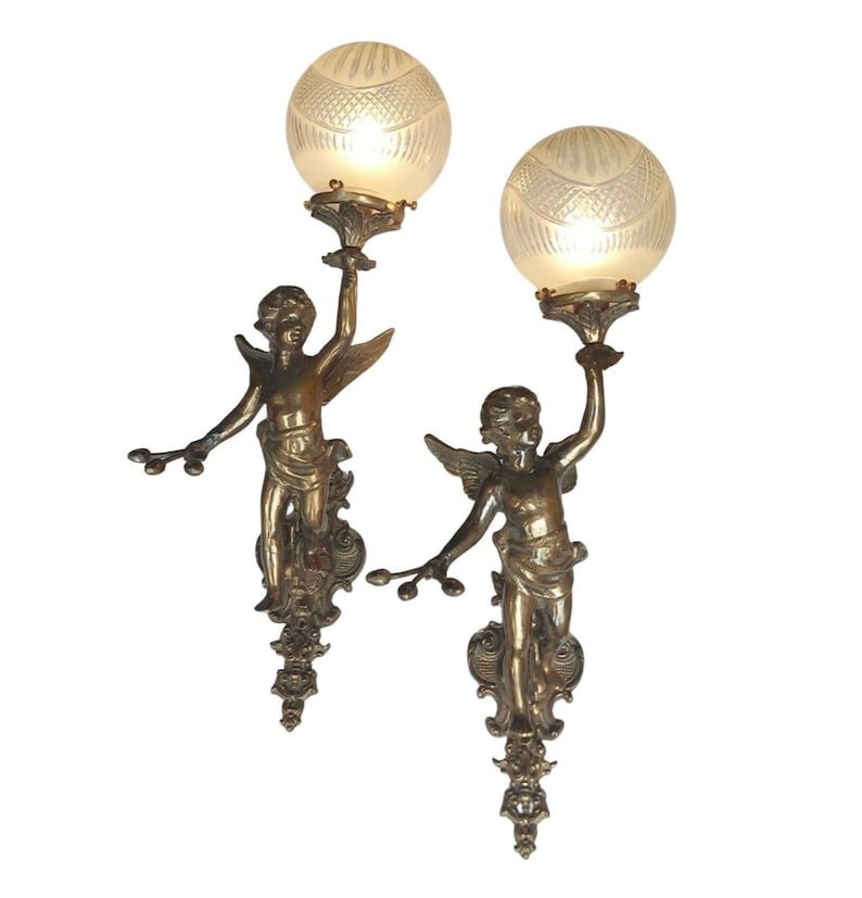 Antique Vintage Art Nouveau Brass Cherub Wall Sconce Lamp Light Fixture 1 Pc