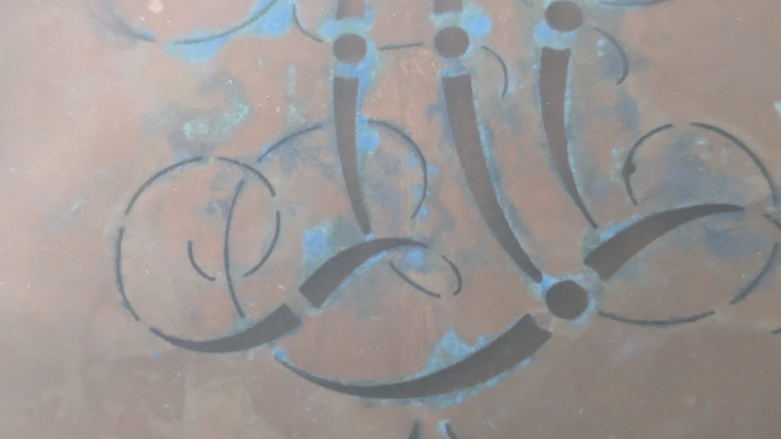 Antique Framed Matted Copper Stencil Plates. Monogram Letters & Numbers. 19″x13″