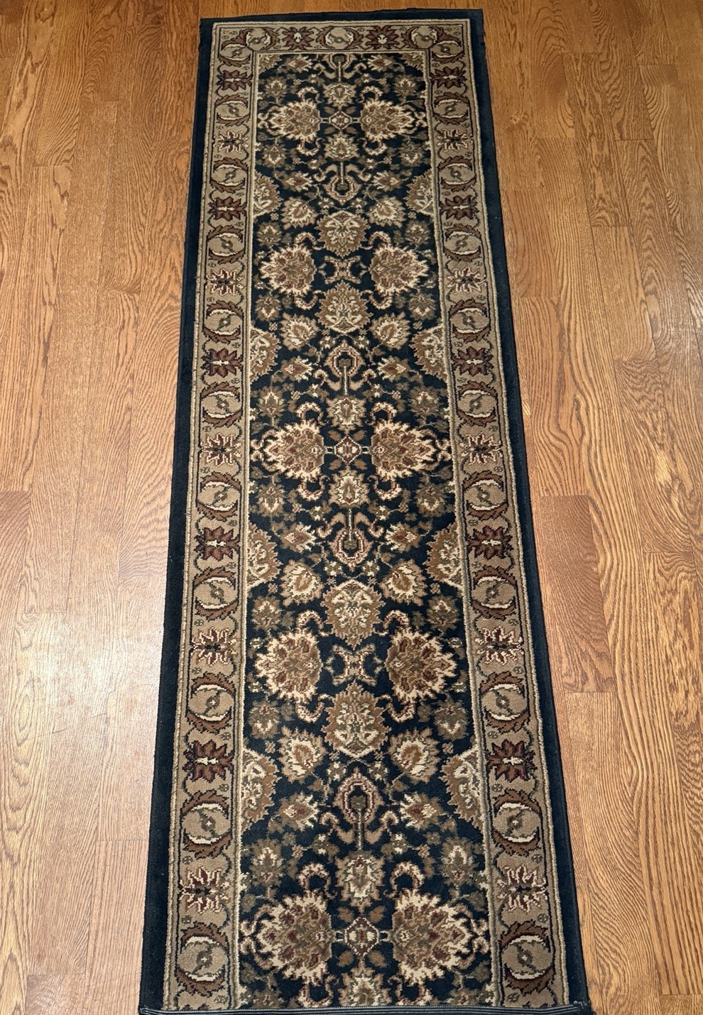 Vintage Indo Rug Runner Black Floral Hand Knotted Wool Oriental 81×26 MCM