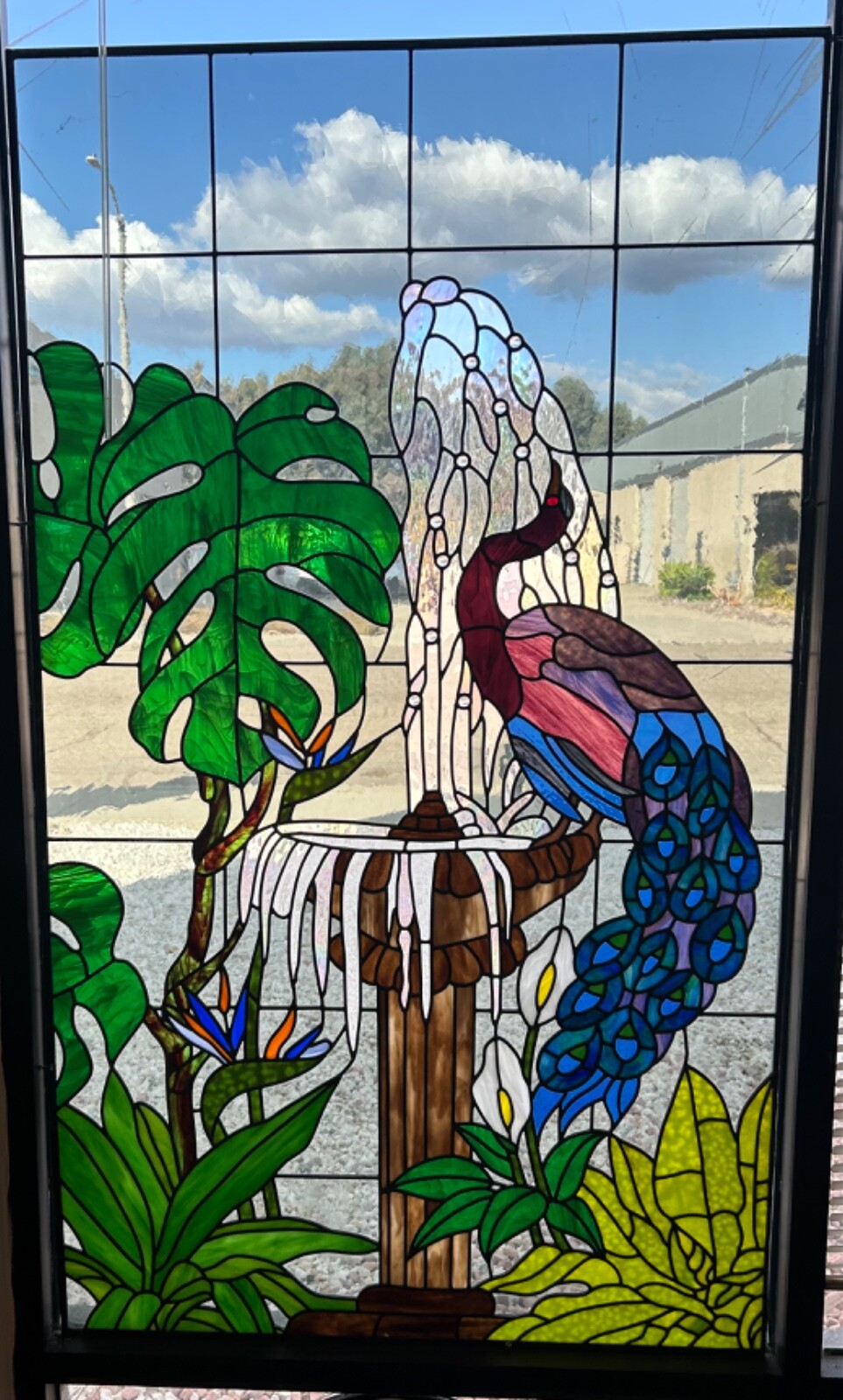 large stained glass window 35 1/2 X 61 precision built Peacock on water fountain