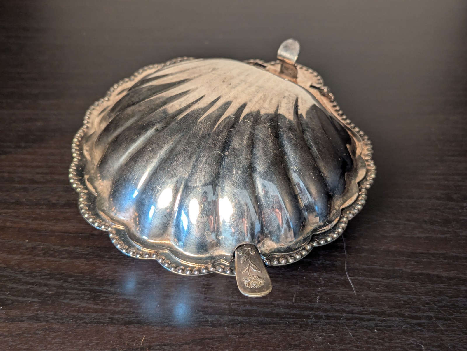 Antique Hinged Clam Shell Silver Plate Caviar Butter Dish With Glass Insert