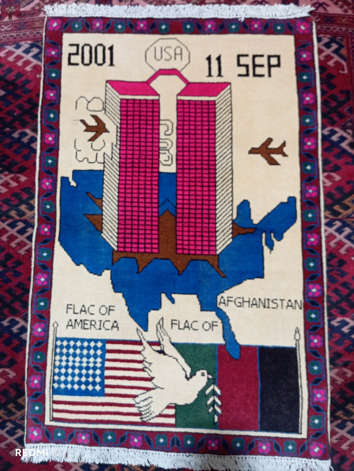 Authentic 9/11 Afghan War Rug Hand-Knotted Tribal Folk Art Wool 4.0 x 2.7 ft