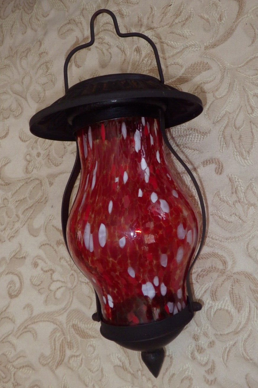Antique Victorian Marbled SLAG ART GLASS HANGING LANTERN CANDLE Wrought Iron