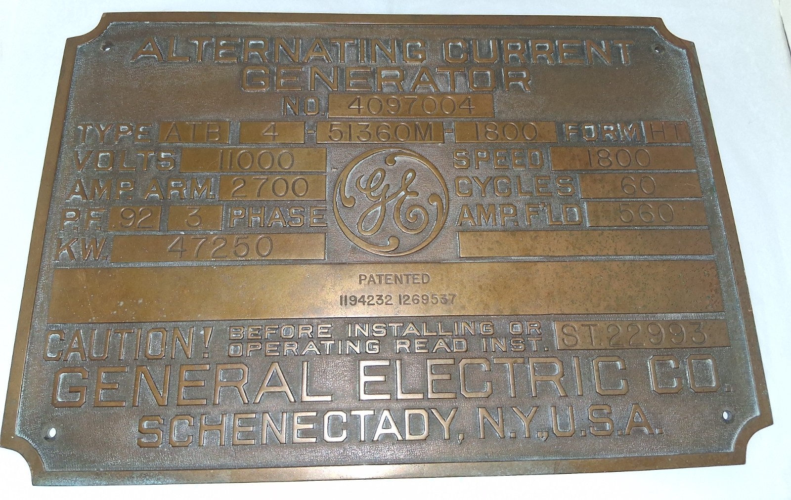 Alternating Current Generator General Electric Co Heavy Brass Plaque/Sign – Rare