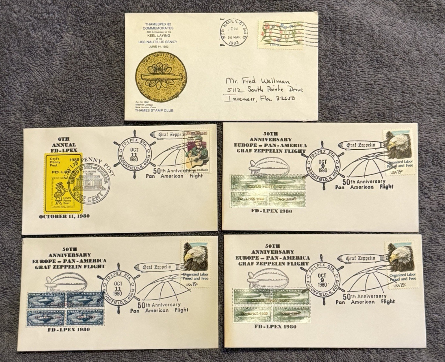 1980 Graf Zeppelin 50th Anniv Pan America Flight Covers Lot of 5 + Nautilus