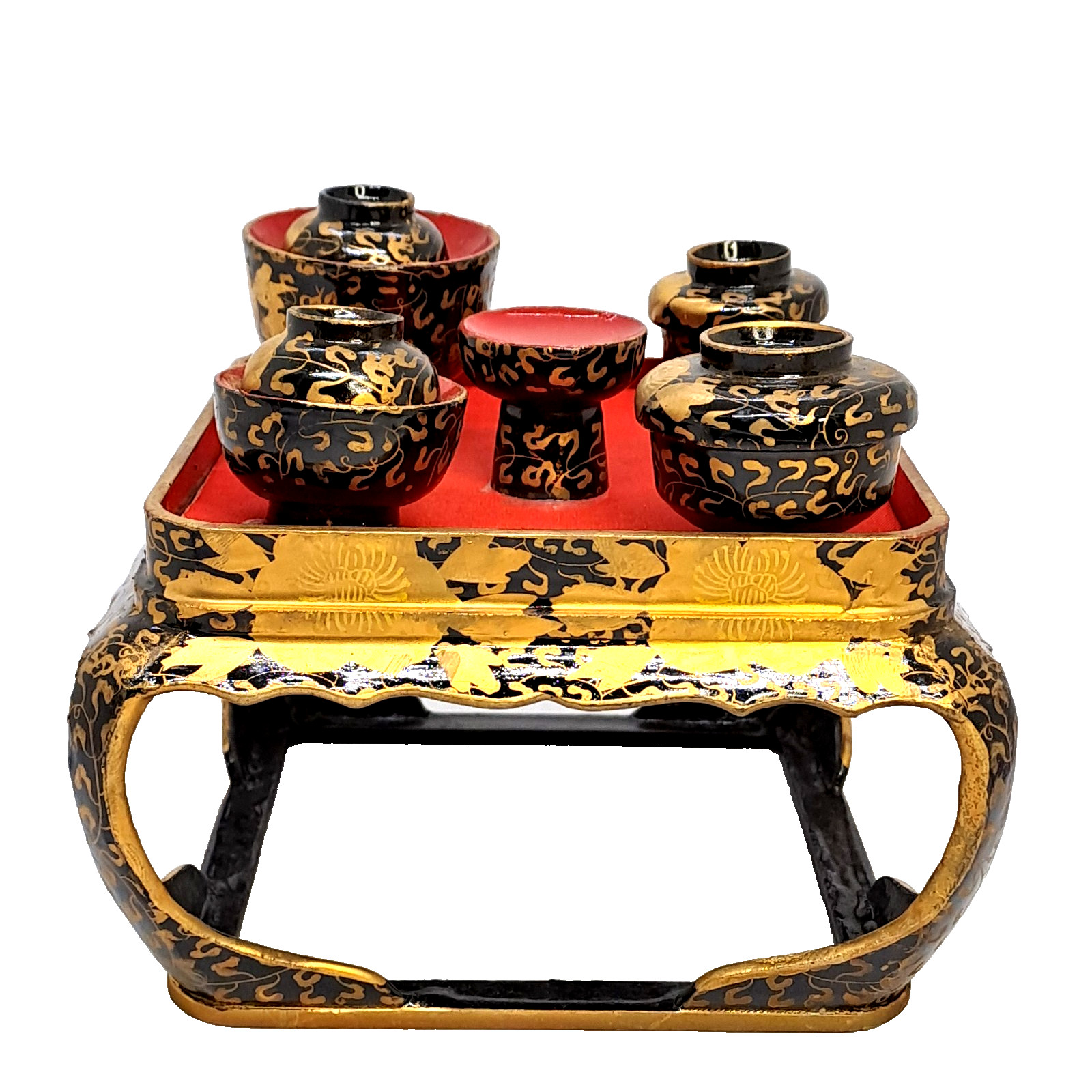 Japanese Hina Doll Tray Bowl Miniature Table Set Vtg Lacquer Gold Makie Wood H11