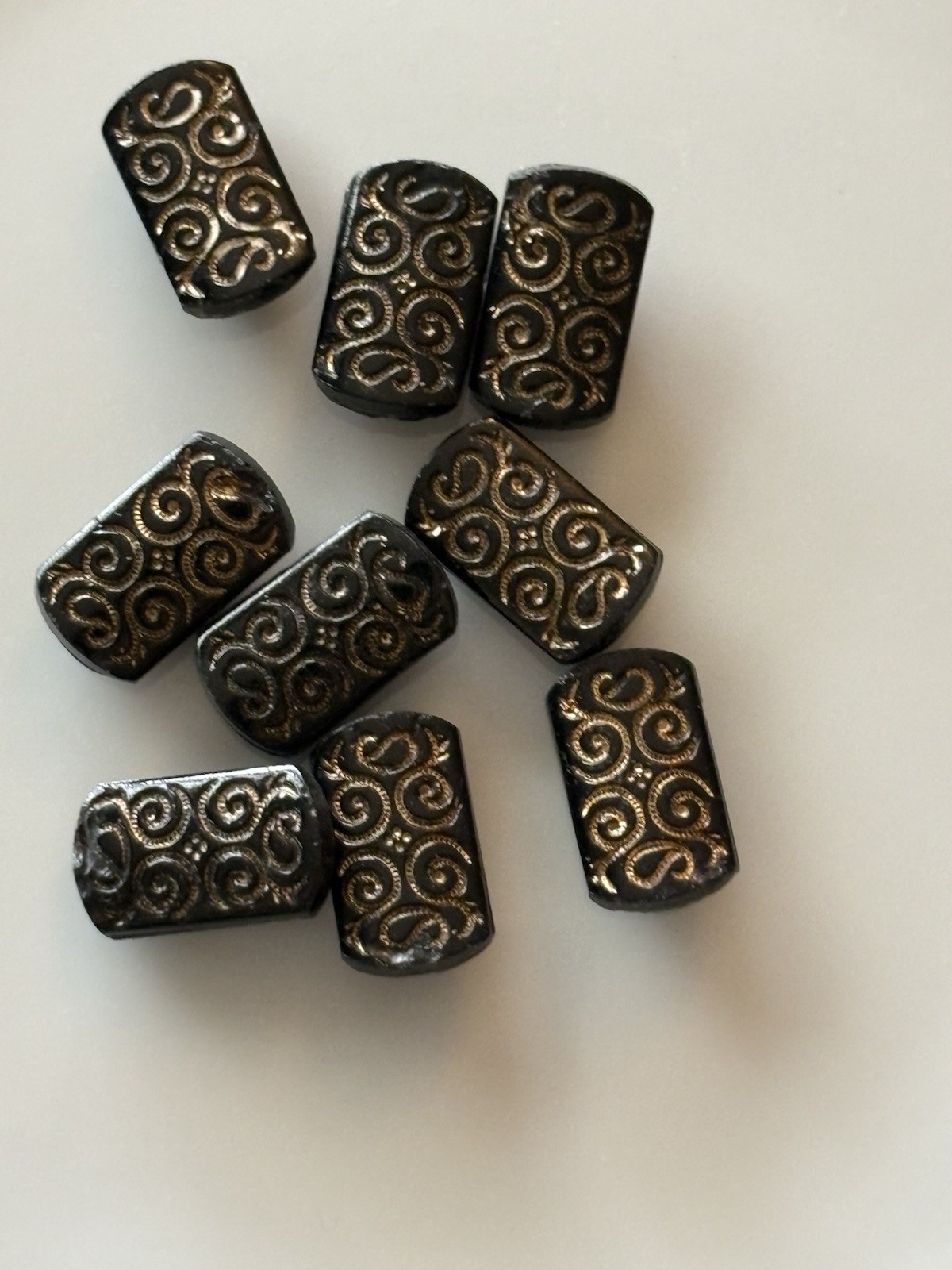 9 Antique Victorian rectangular black glass Buttons w/ gold etched Swirl design