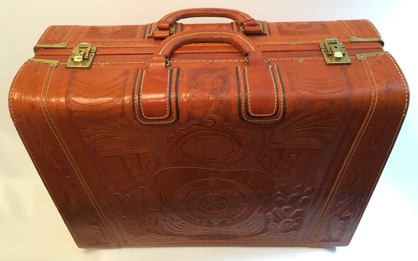 Mid-Century Hand Tooled Leather Suitcase made in Mexico