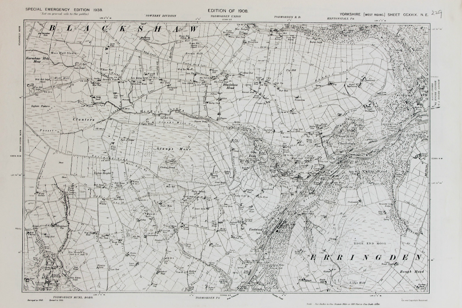 West Yorkshire Map – Ordnance Survey Emergency Ed 1938 – Blackshaw, Erringden