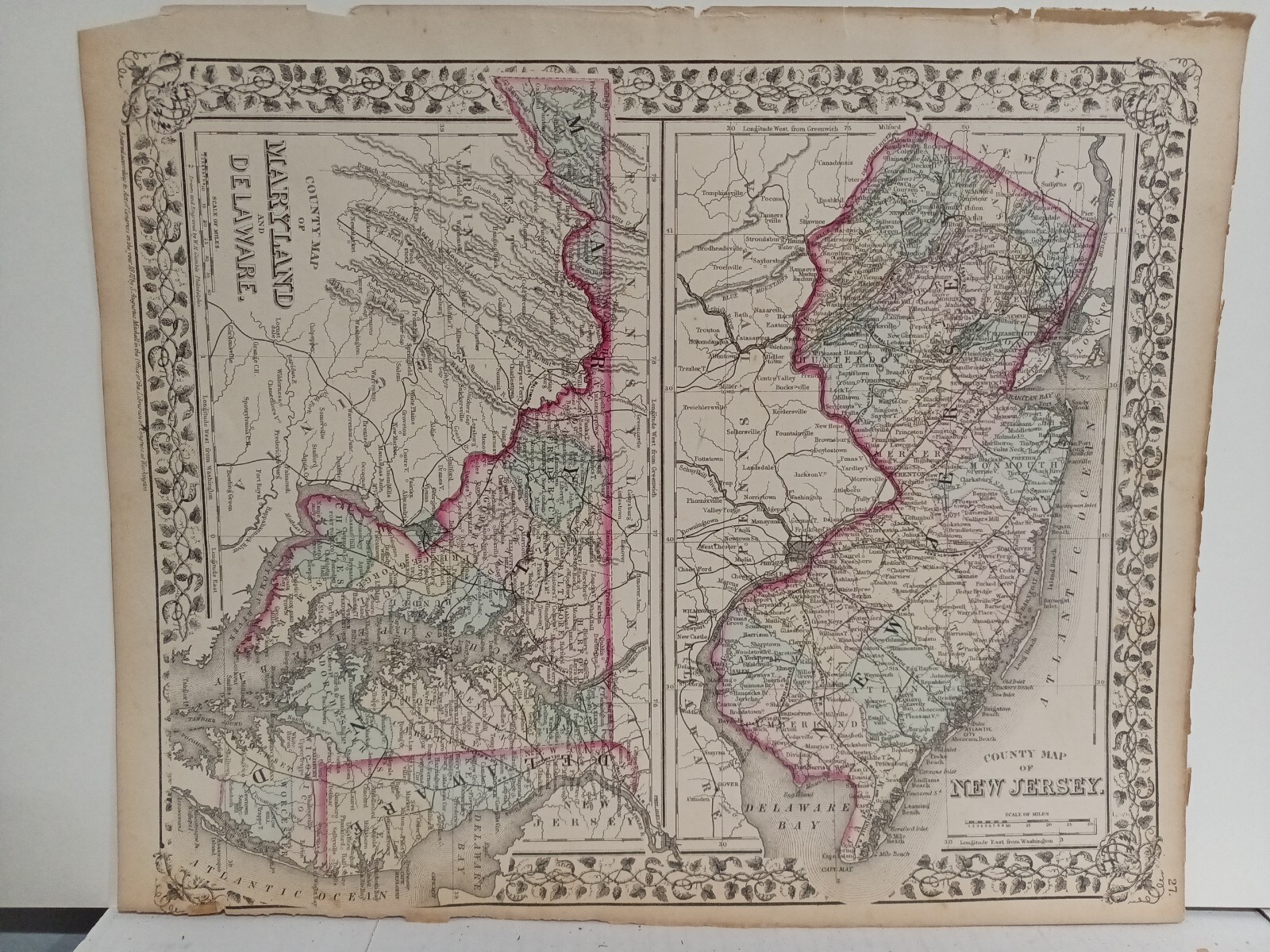 1873 Mitchell’s County Map, New Jersey, Delaware Maryland Authentic Hand-Colored