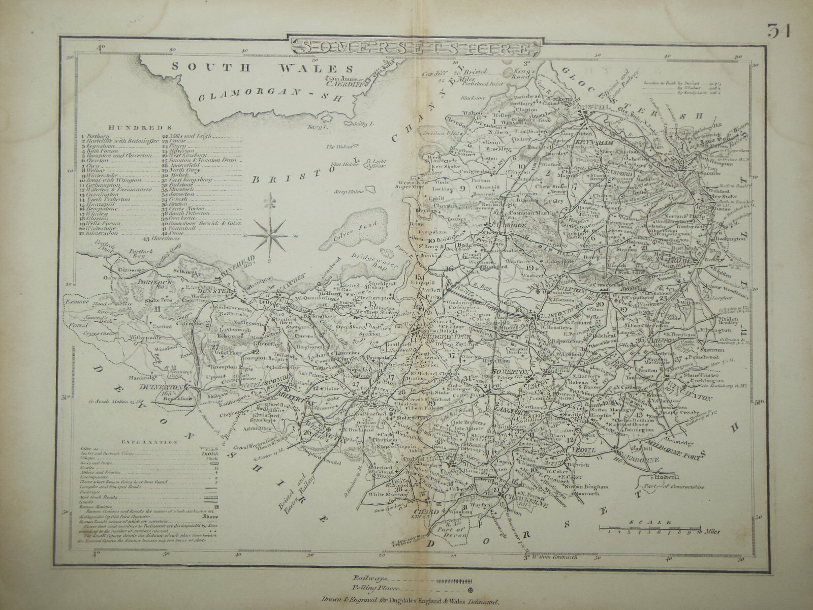 Antiquarian SOMERSETSHIRE Map (c1845) Somerset, English County, Archer/Dugdale
