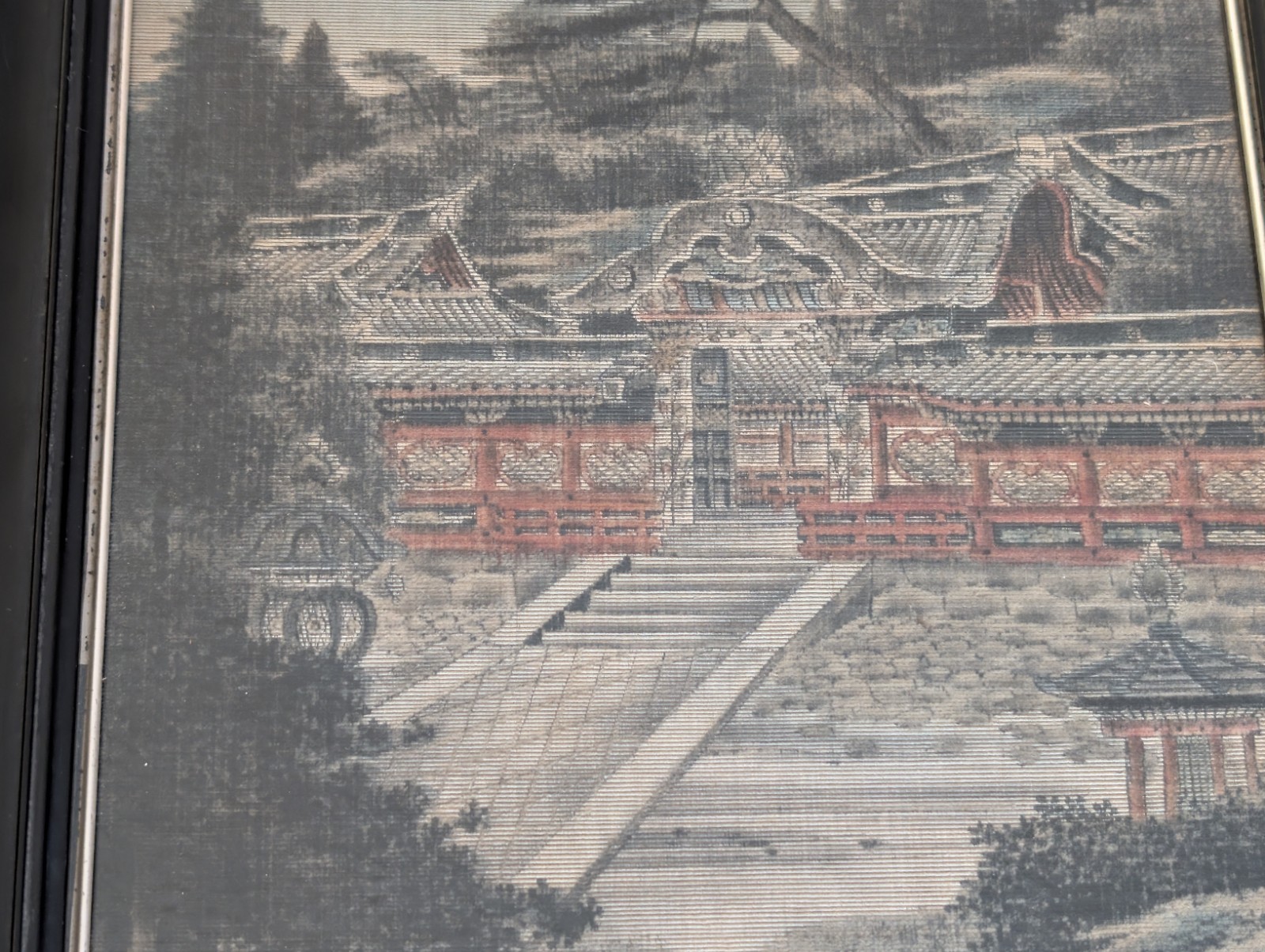 MEIJI-ERA! 35 by 62cm Antique Japanese Yuzen Birodo Silk Tapestry Shinto Shrine