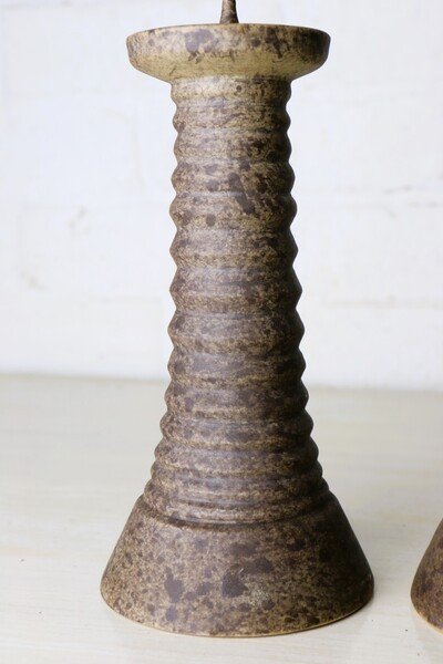 Pair Vintage Chinese Temple Candlesticks Heavy Ceramic Stoneware 20th Century