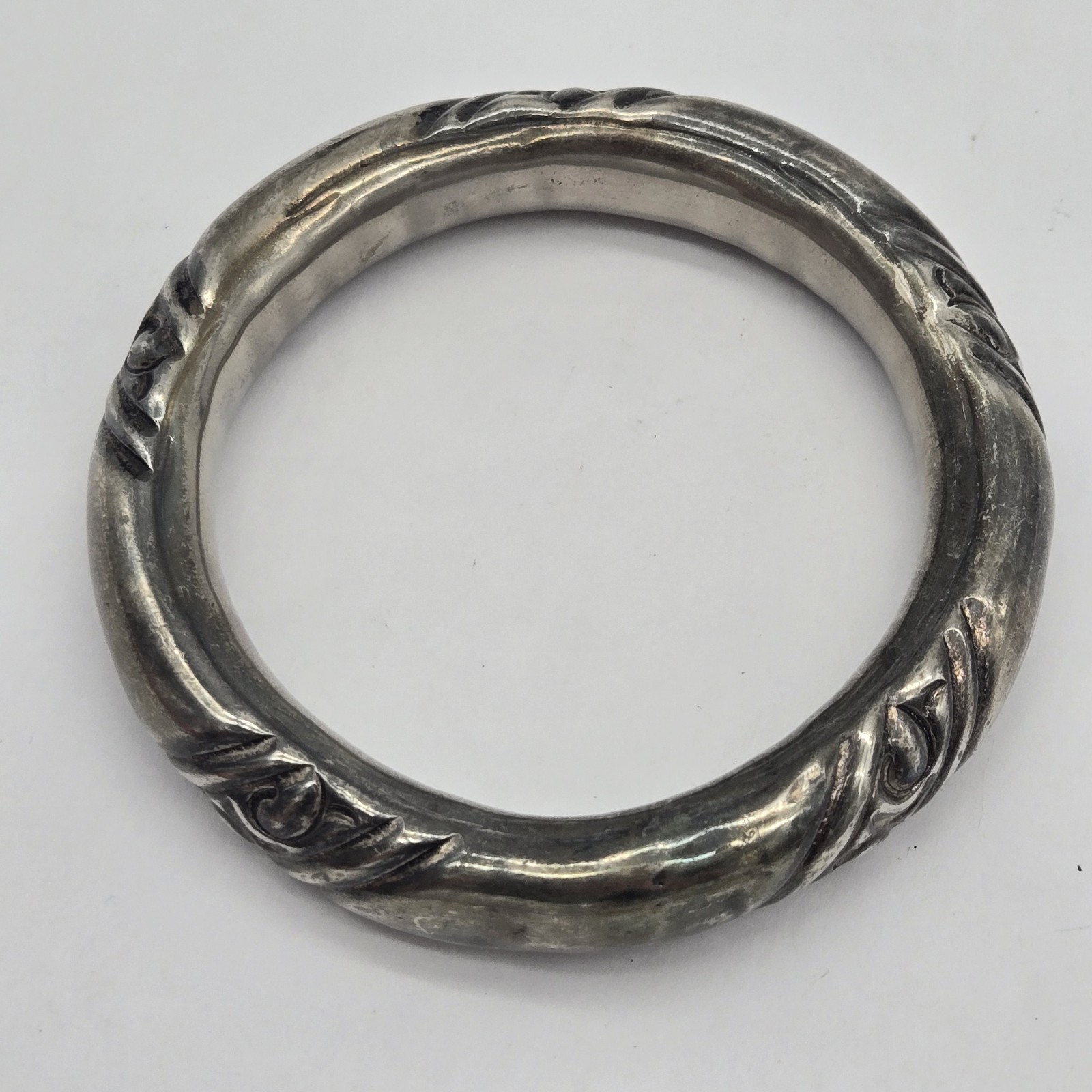 Antique Silver Etched Baby Rattle Bangle Bracelet Handmade 2 9/16″ Diameter 45g