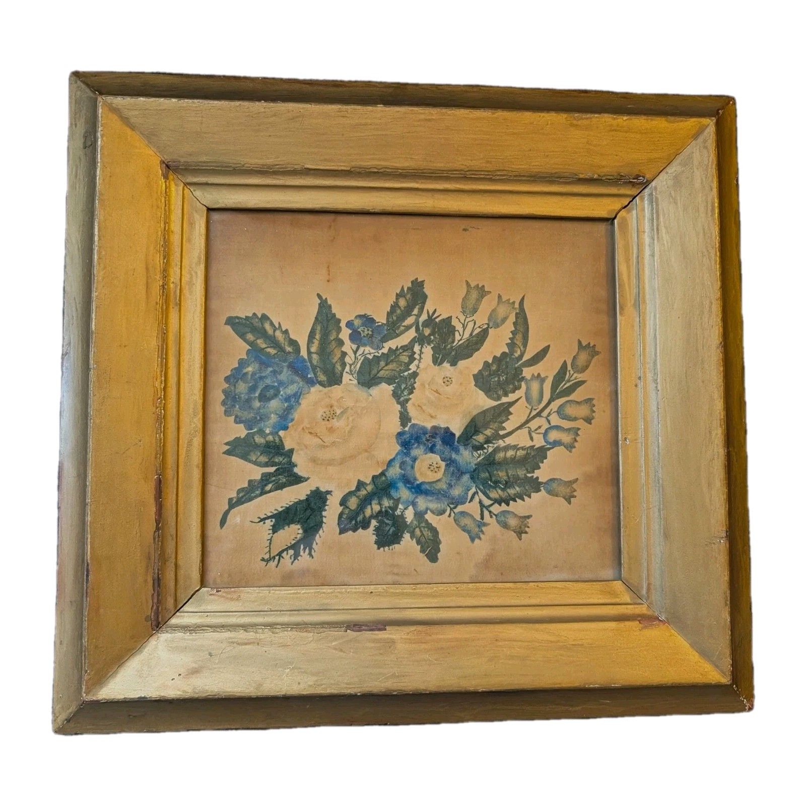 RARE Antique 1830s Folk Art Theorem on Velvet ~ Flowers and Leaves ~