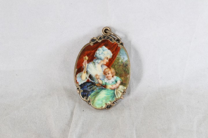 ANTIQUE SILVER 100% HAND PAINTED MINIATURE WOMAN & CHILD PORTRAIT FLIRT MIRROR