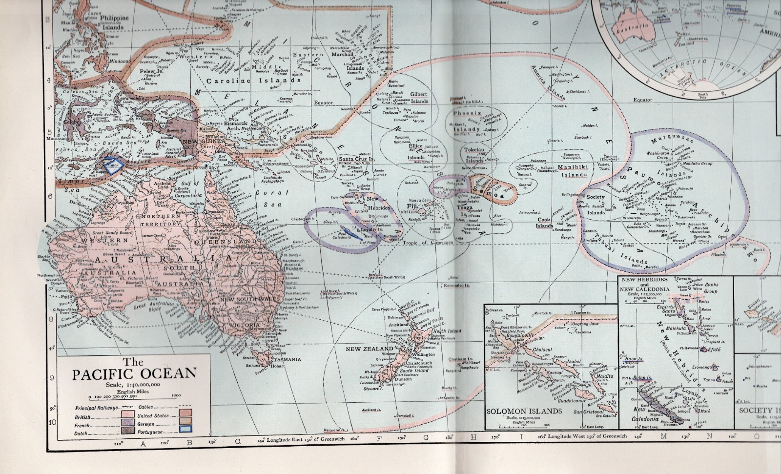 PACIFIC OCEAN Map Australia Polynesia Micronesia Routes 1910 11 x 16 Antique Map