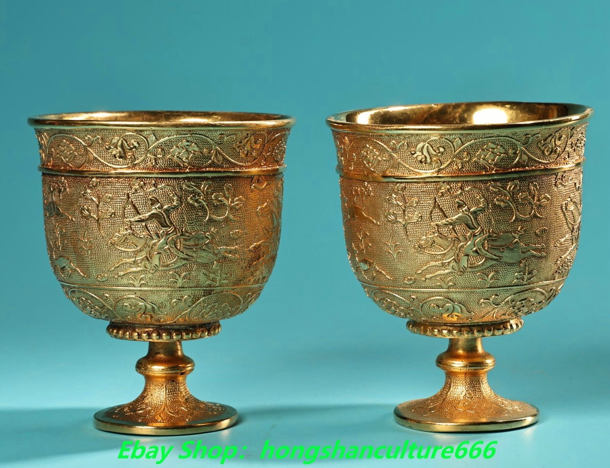 3.5″China Dynasty Bronze 24k Gold Gilt hunting pattern goblet wineglass cup pair