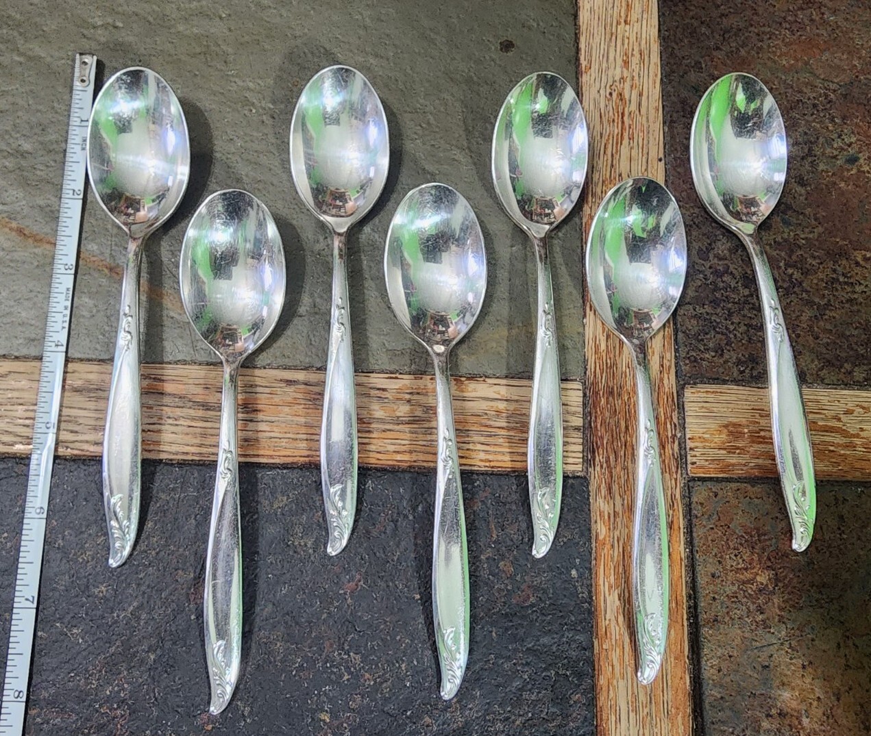 ✅ LOT OF 7 MID CENTURY c1958 WOODSONG SILVERPLATED TEASPOONS/ TEA 🍵 SPOONS