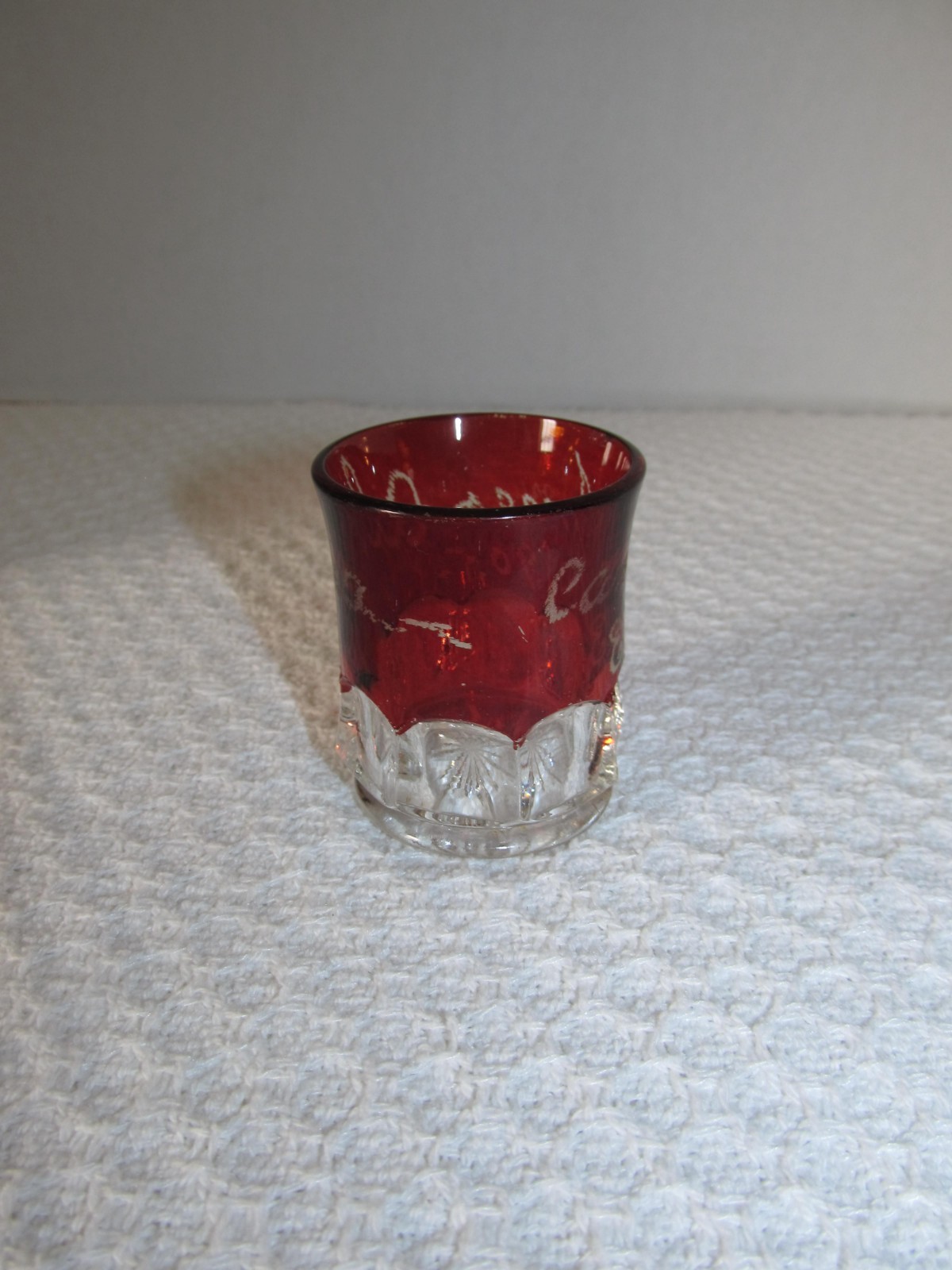 Antique Etched Jones Irma Ruby Flash Erie 1905 Souvenir Fair Red Shot Glass