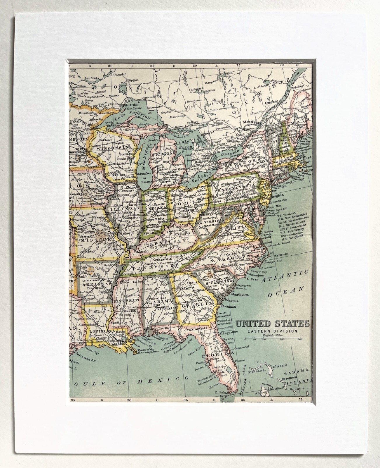 Eastern United States c.1900 Antique Small Map by Bartholomew – Mounted