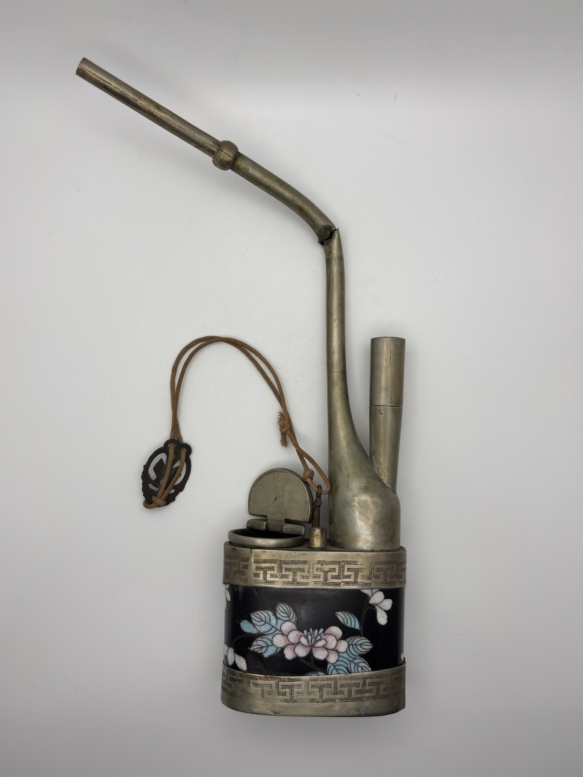 Antique Chinese Smoking Water Pipe Brass & Enamel Floral Design 19th Century