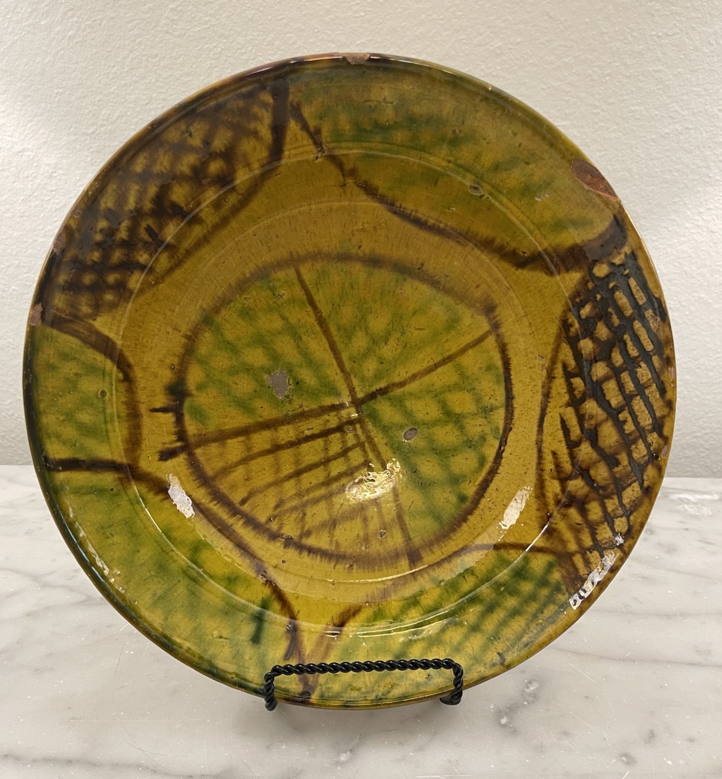 Antique 19th century French Confit Bowl Provence Pottery Yellow Slipware Redware