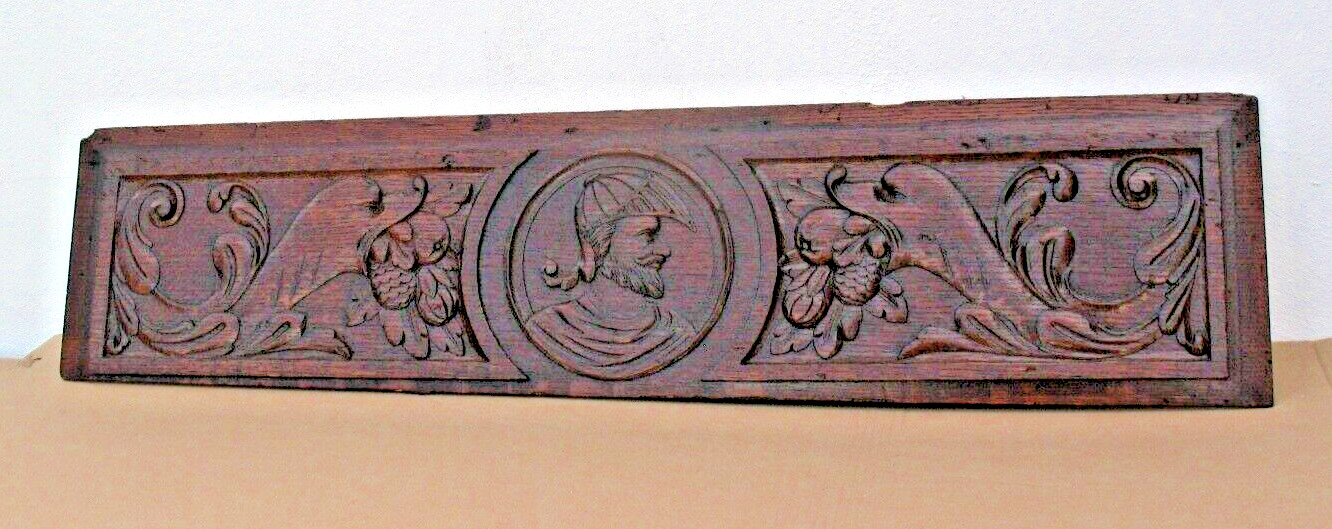 Old antique French Spanish carved Oak wooden panel of Dolphins & Head of Soldier