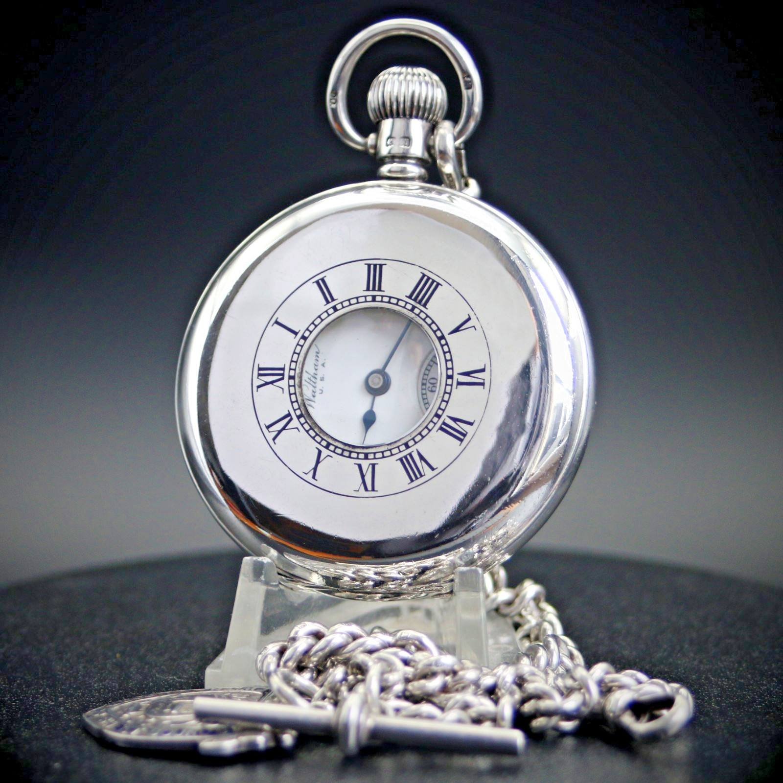Pristine Waltham 17J Sterling Silver Half Hunter Pocket Watch + Chain + Case