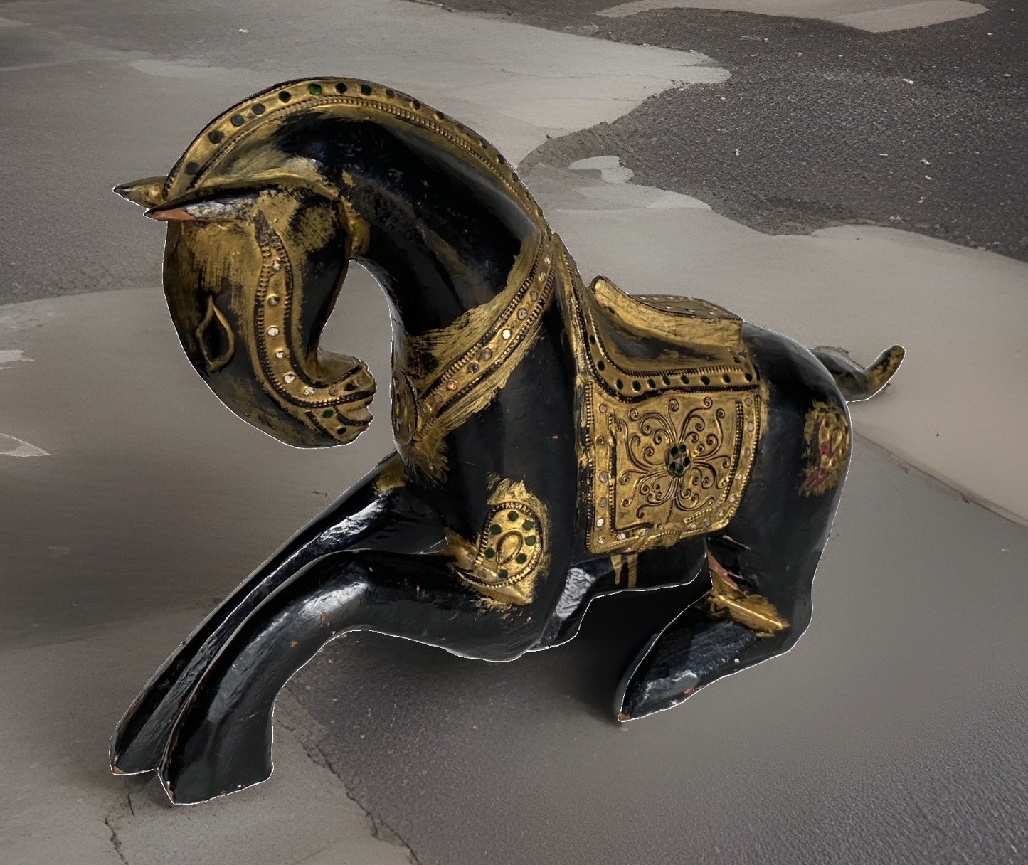 Vintage Hand Carved Black & Gold Painted & Jeweled Wood Horse, Asian 16-1/4″