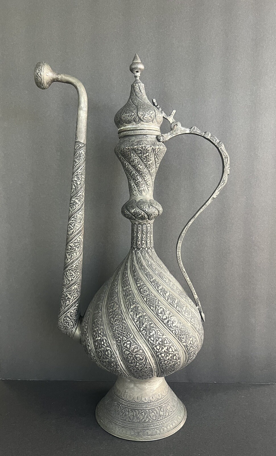 Large antique Middle Eastern Islamic Turkish Engraved Tinned Copper Ewer H21.75”