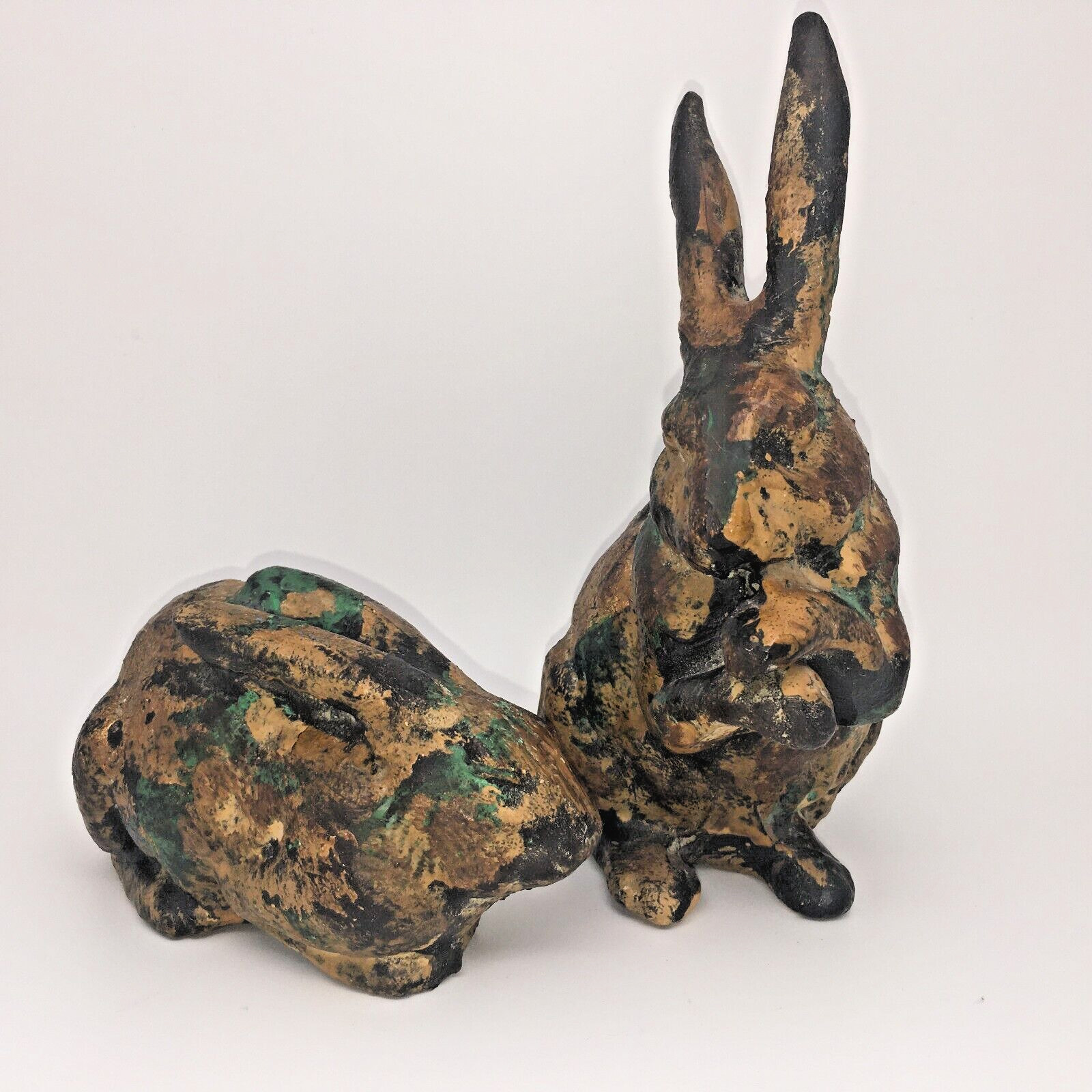 Pair Japan Rabbit Figurines Cast Iron Bronze Faux Verdigris Hares Bunnies Gold