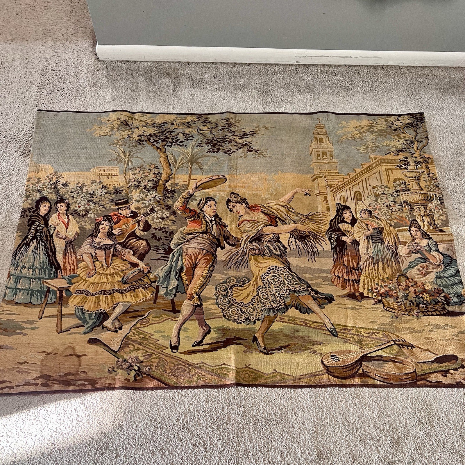 VTG Hand Woven Tapestry Dancing Scene In The Market Made In Belgium 65.5×48”