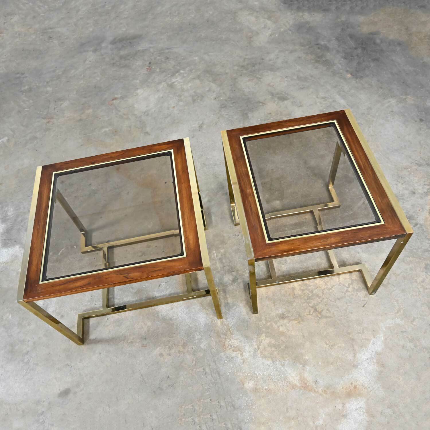 2 Brass Plated Wood & Glass End Tables by Thomasville Furn Style Milo Baughman