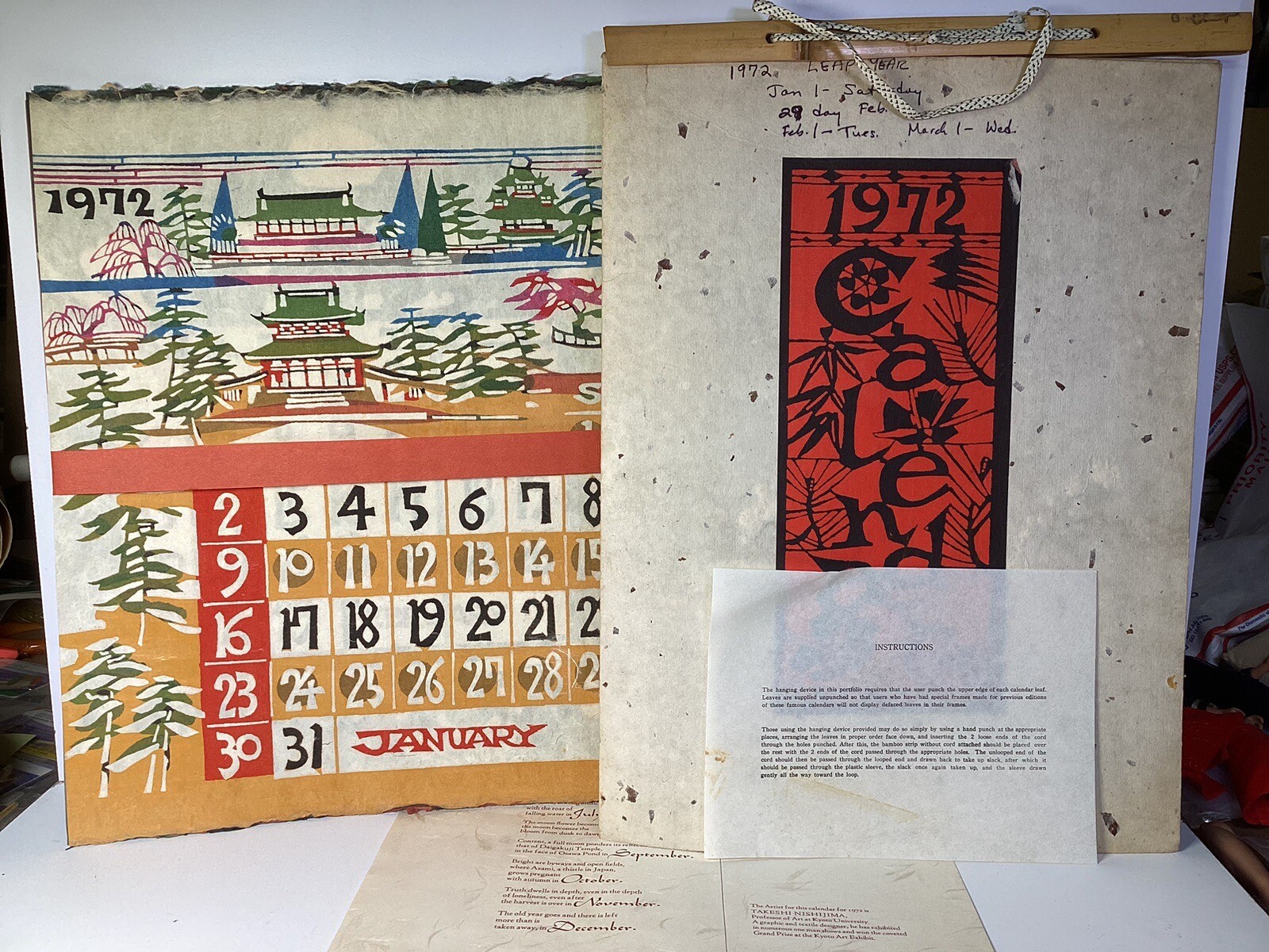 Takeshi Nishijima / Serizawa Keisuke Japanese Katazome Calendars Woodblock 1972