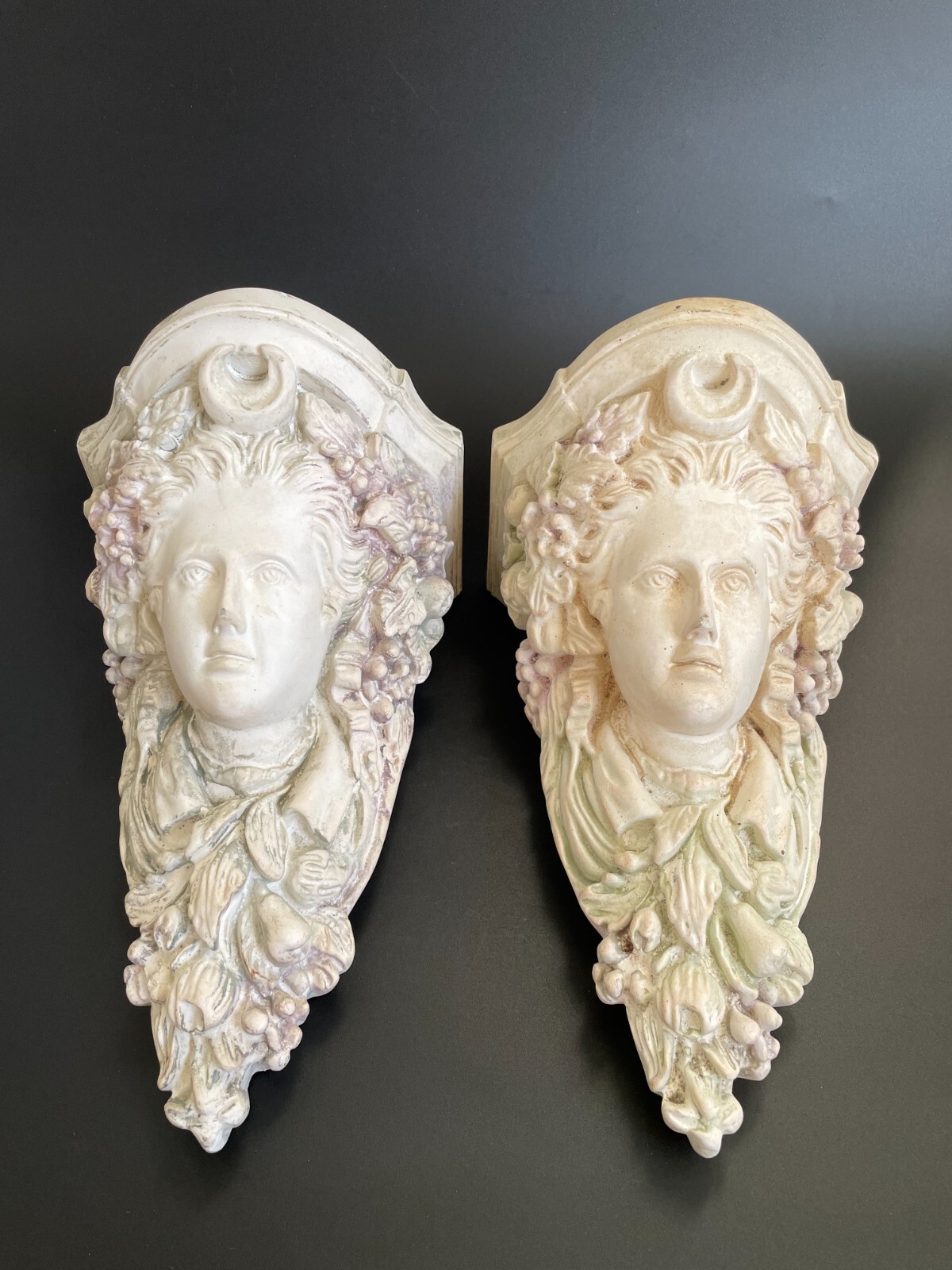 Pair Vintage Italian Neoclassical Maiden Plaster Corbels Wall Shelf Brackets
