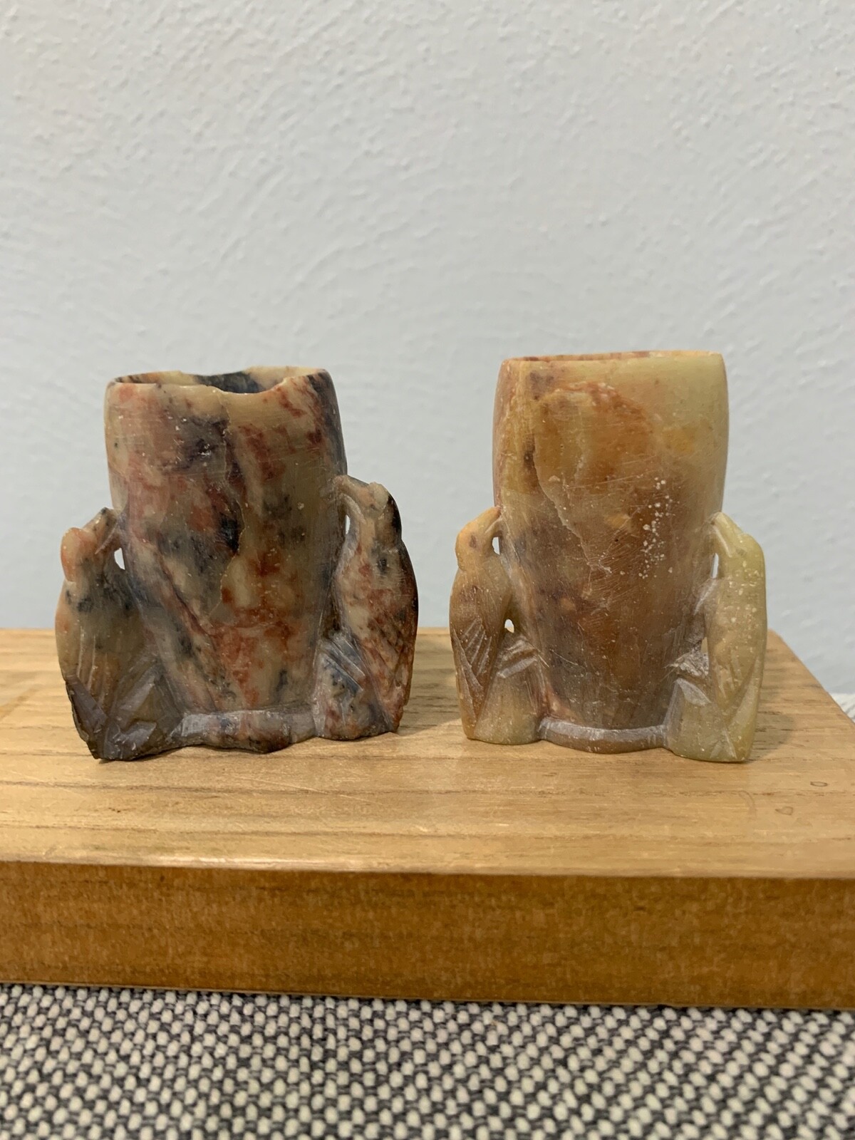 Antique Chinese Soapstone Carved Pair Match / Toothpick Holders Bird Decoration