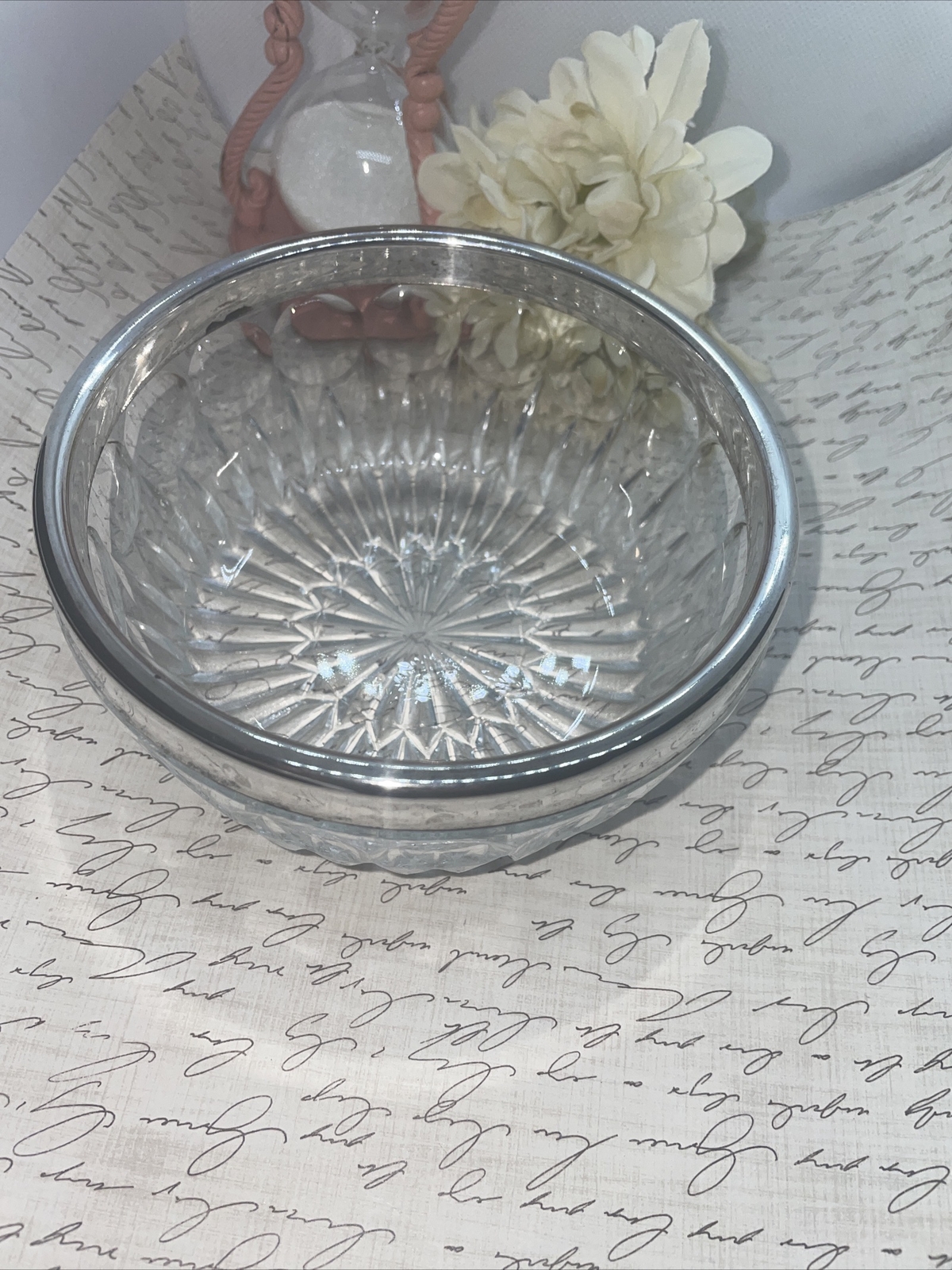 MID CENTURY Leonard Italy Cut Crystal Glass Silverplate Rim Cereal Nut Bowl 5″