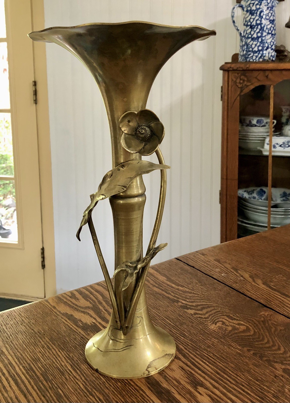 14″ Antique Floral Brass Vase Styled In Japanese Meiji Period/Art Nouveau Period