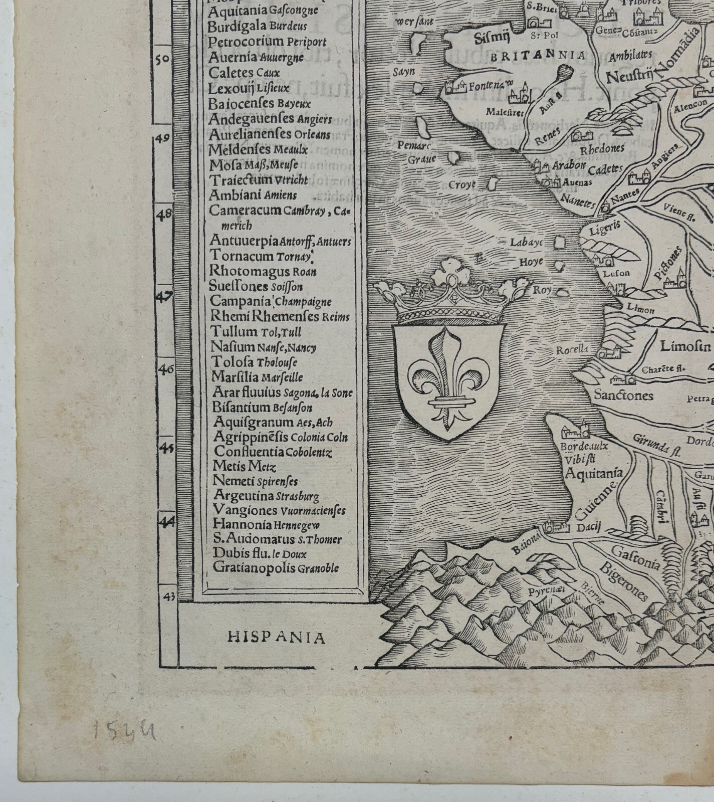 Antique c1550 Sebastian Munster MAP Galliae FRANCE from COSMOGRAPHIA UNIVERSALIS