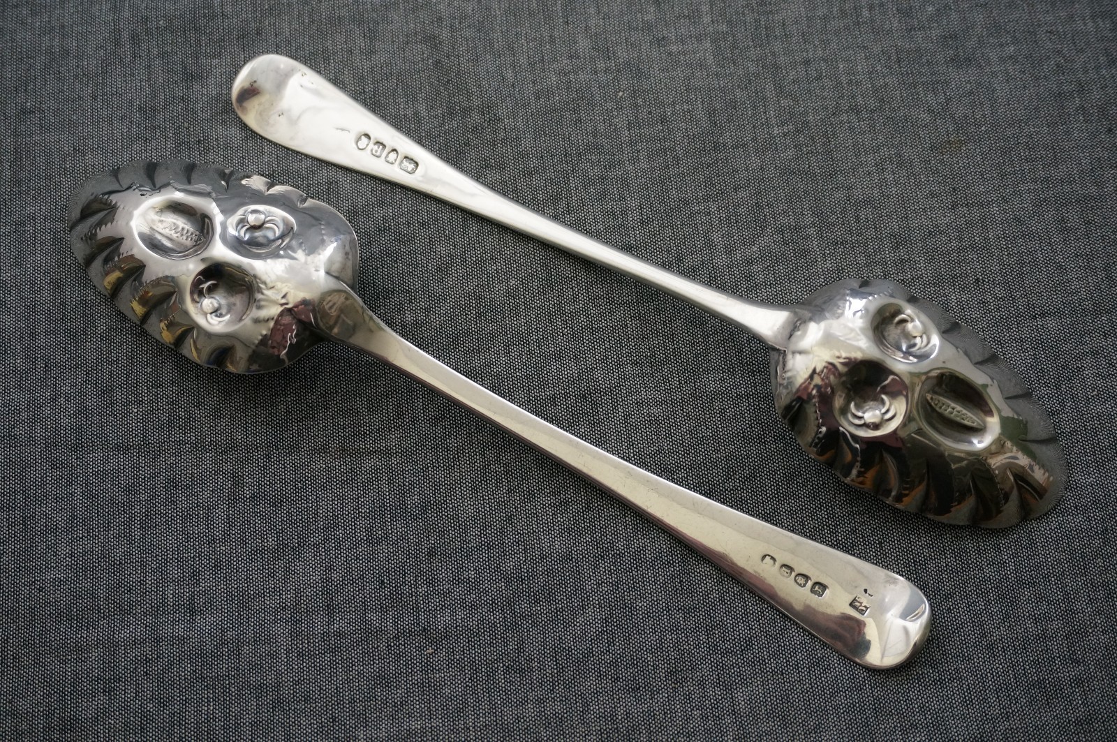 RC/GS STERLING SILVER Engraved Repousse SERVING / BERRY SPOONS (2) – London 1810