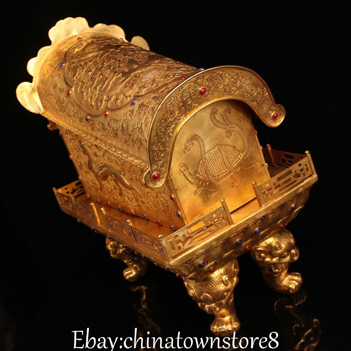 Old Dynasty Pure Bronze Gilt Dragon Loong Turtle Buddha Bone Sarira Coffin