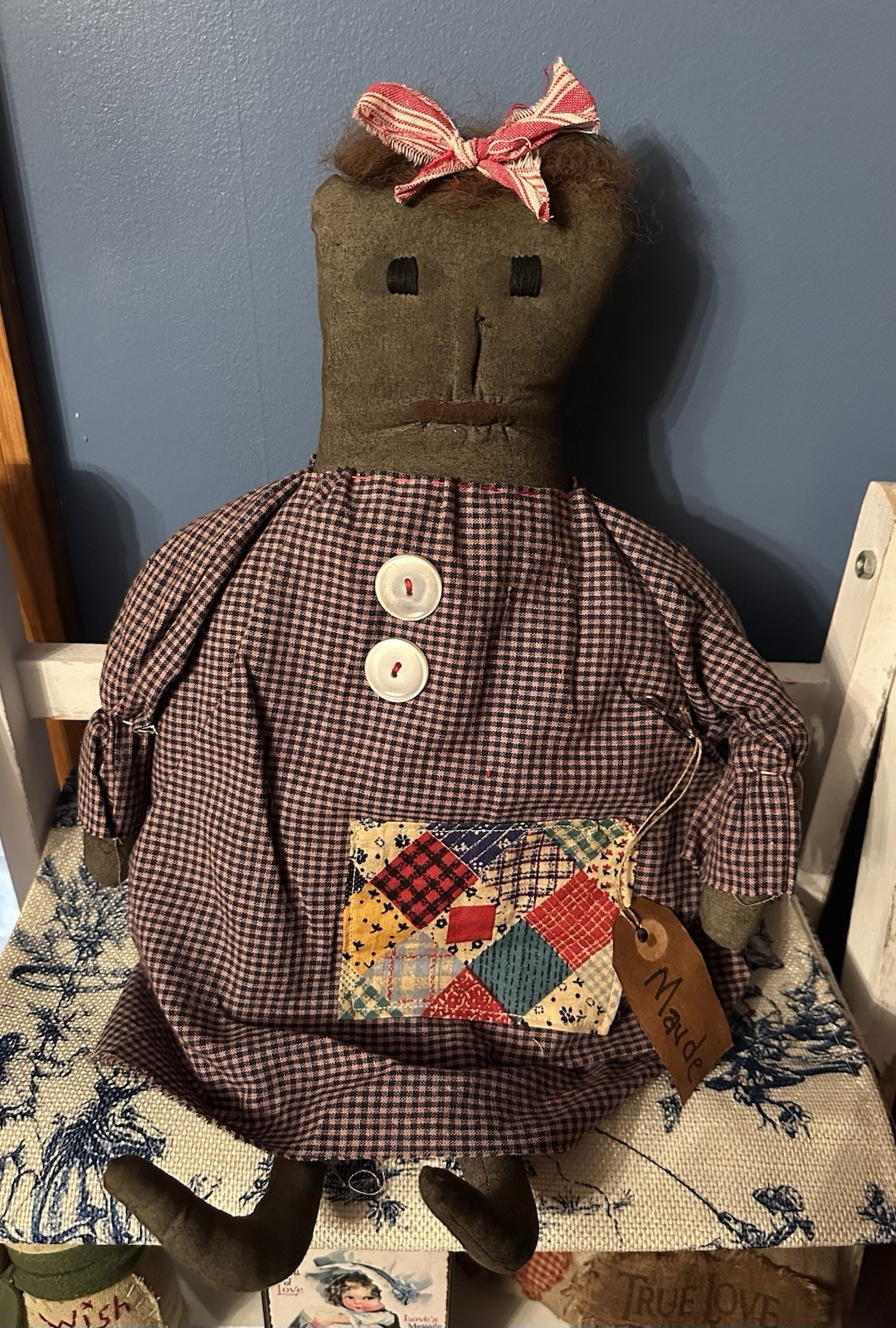 Primitive Folk Art Handmade Doll Maude 18” Farmhouse Checked Dress
