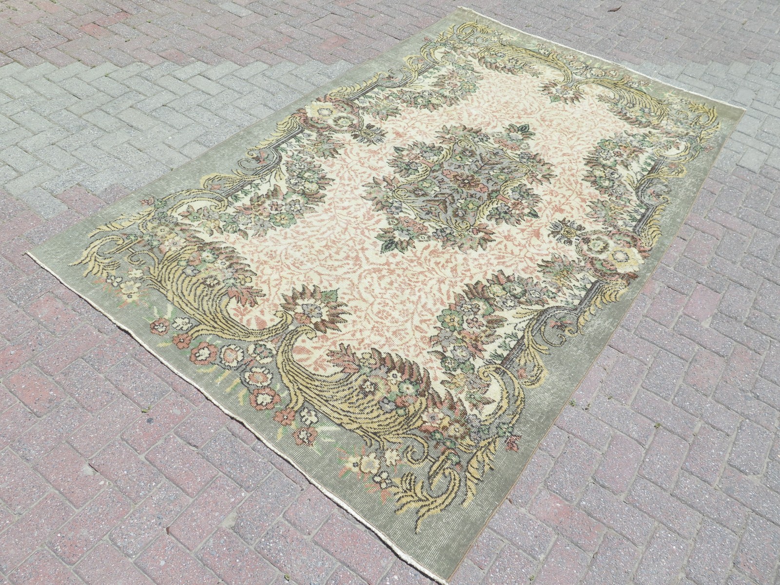 Sage Green Vintage Distressed Turkish Large Carpet, Handmade Wool Rug 70″x114″