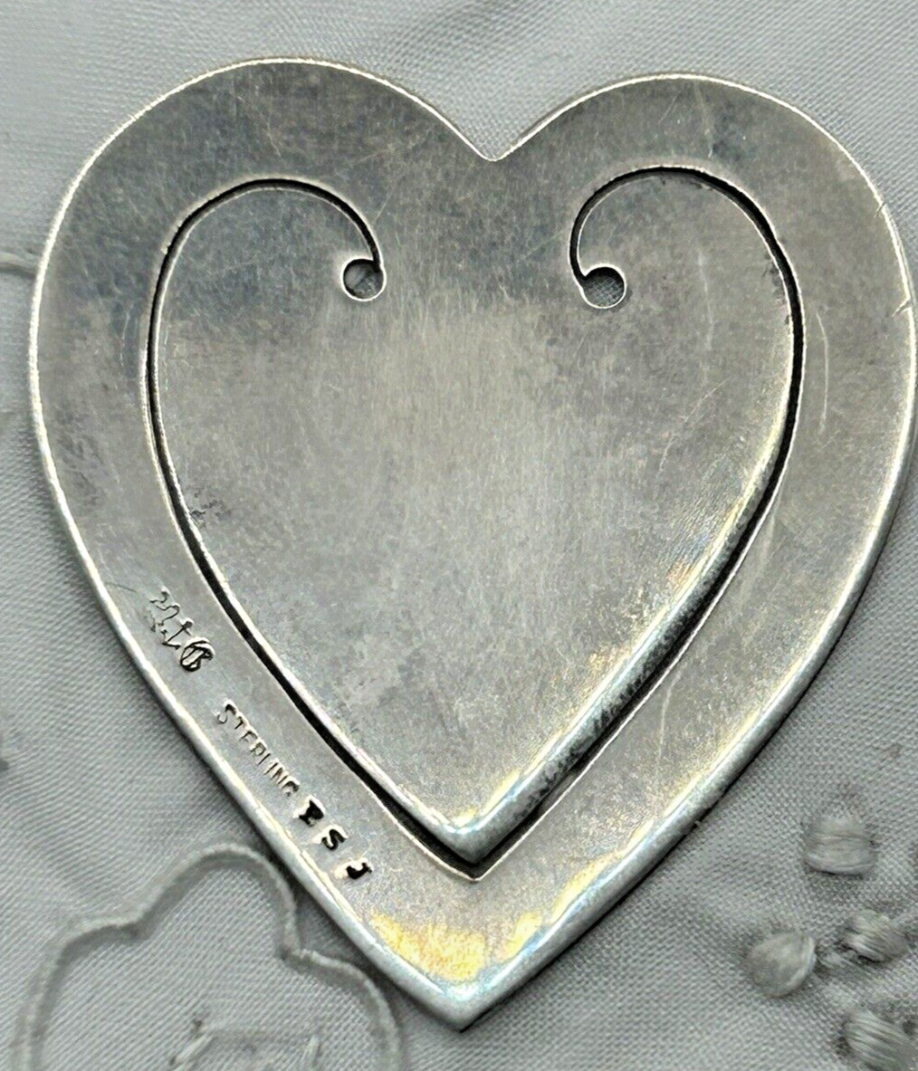 Vintage Solid Sterling Silver HEART SHAPED BOOKMARK Signed PSJ