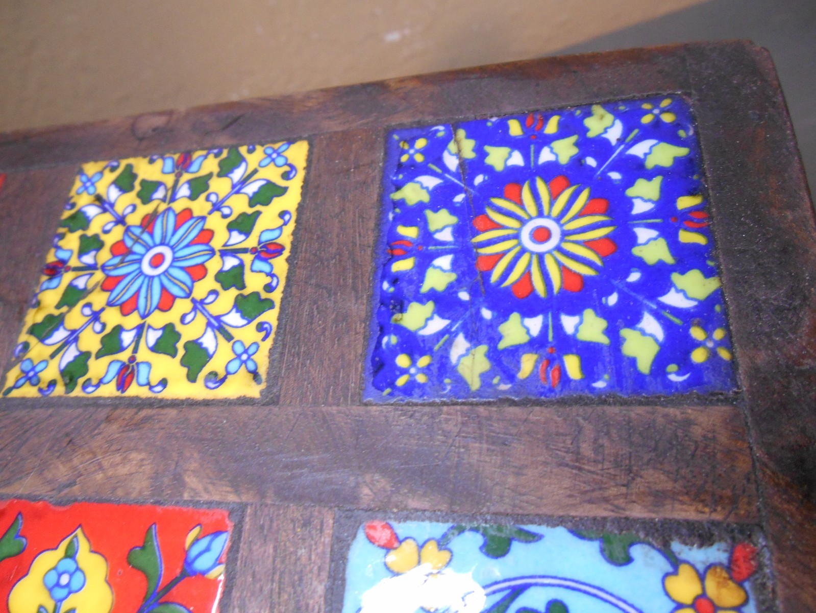 Wooden Chowki Handmade Table Top Riser Monterrey Style Colored Tiles. 15″x15″