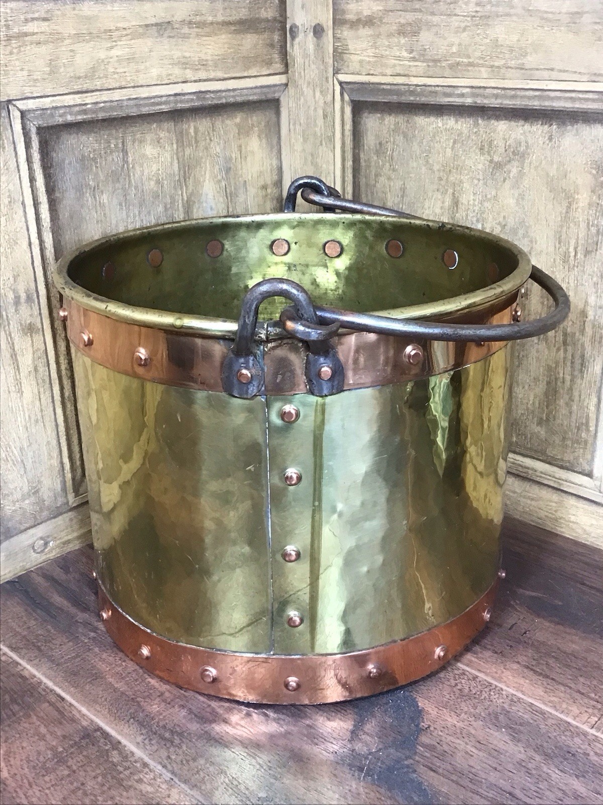 ANTIQUE BRASS & RIVETED COPPER PLANTER / COAL BUCKET WITH SWING HANDLE 19thC