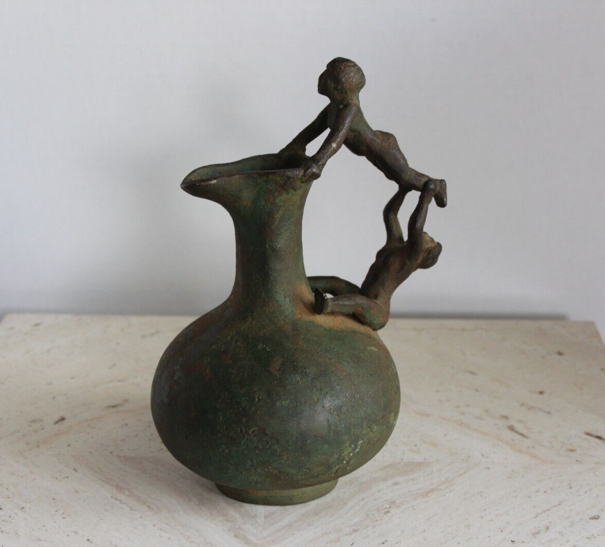 Antique circa 1890’s Grand Tour Bronze Ewer Pitcher Vase Nude Character Handle